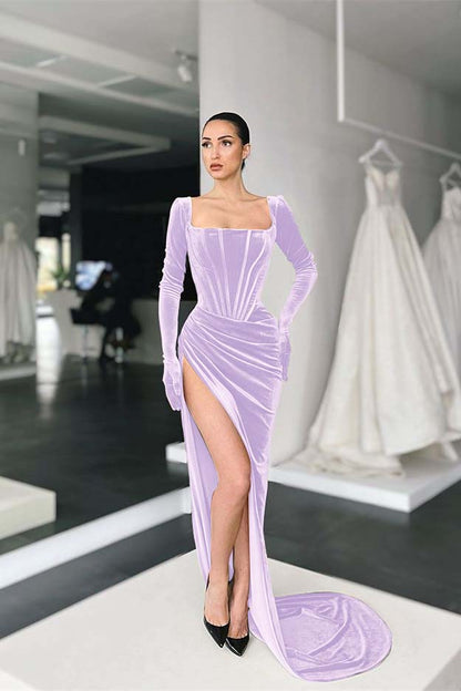 Square Long Sleeves Prom Dress With Slit