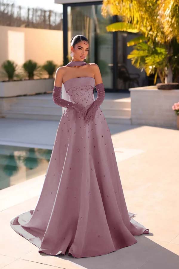 Sleeveless Strapless Long Evening Dress With Appliques Gloves