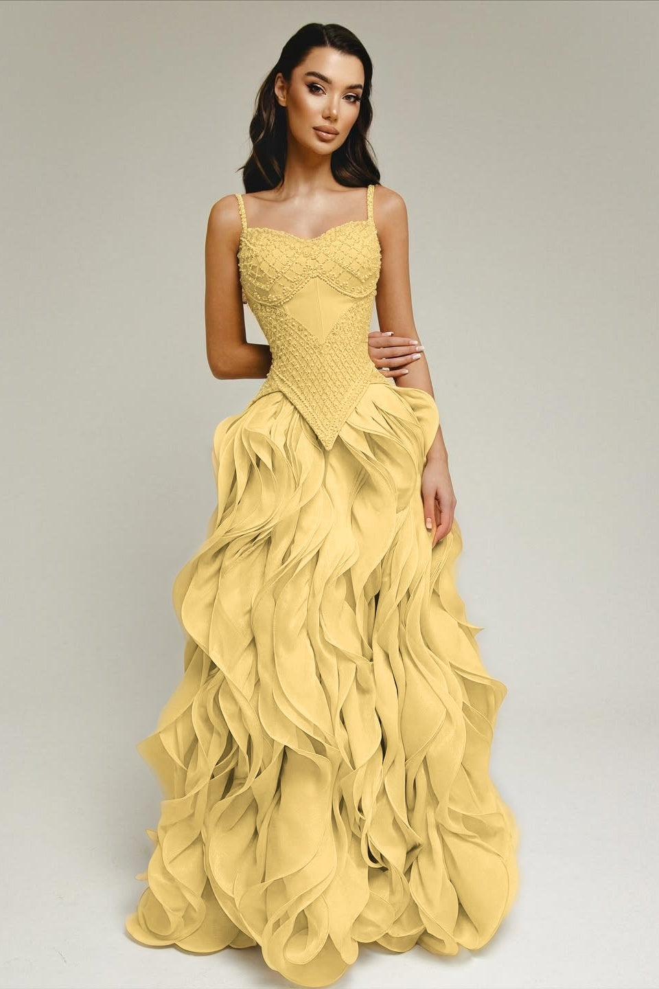 Sleeveless Exquisite Beaded Bustier Prom Dress with Cascading 3D Ruffles