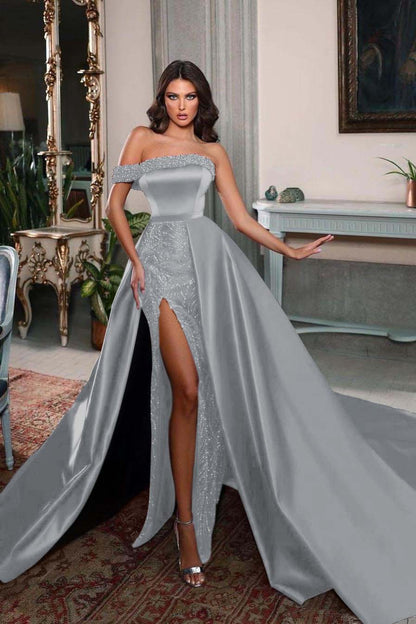 Charming Burgundy Satin One Shoulder Sleeveless Split Long Prom Dress with Beadings