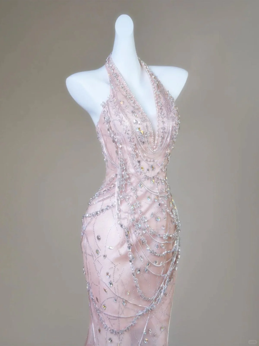Mermaid Halter Light Pink Satin Beaded Long Prom Dress,Formal Evening Dress  fg8496