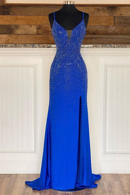Royal Blue V Neck Mermaid Evening Dress Split With Appliques