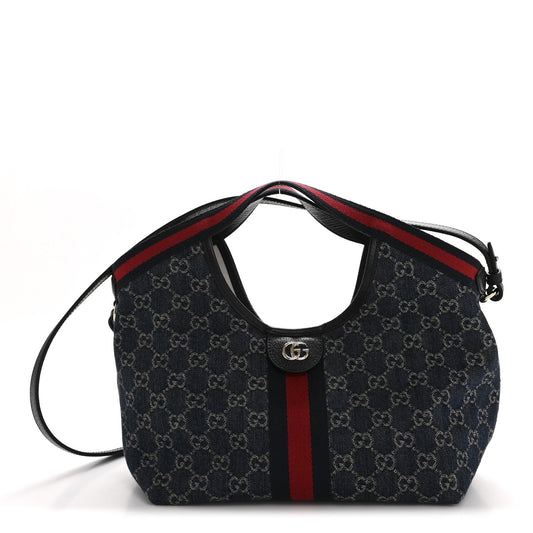 Denim GG Monogram Web Small Giglio Tote Blue White
