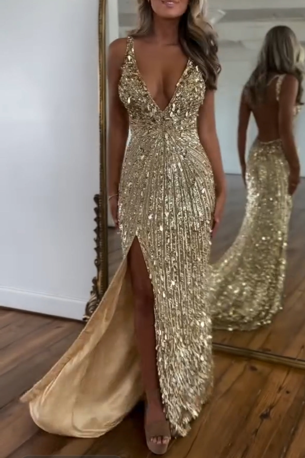 Charming Gold Sequins Spaghetti Strap Sleeveless V Neck Long Prom Dress with Split