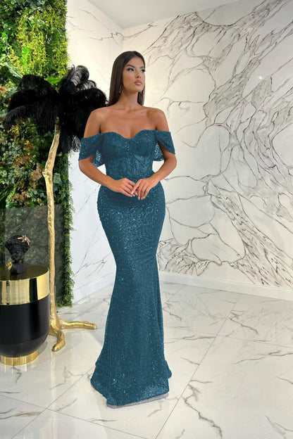 Elegant Dark Green Sweetheart  Off-The-Shoulder Prom Dress With Applique Sequins