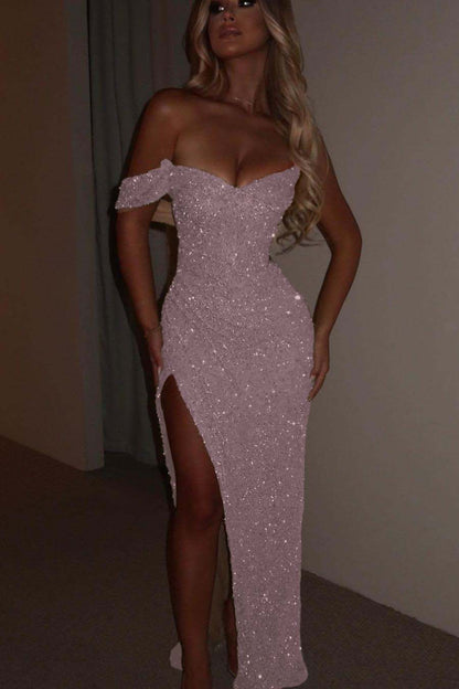Glamorous Sequins One Shoulder Spaghtti Strap Long Pleated Prom Dress with Split