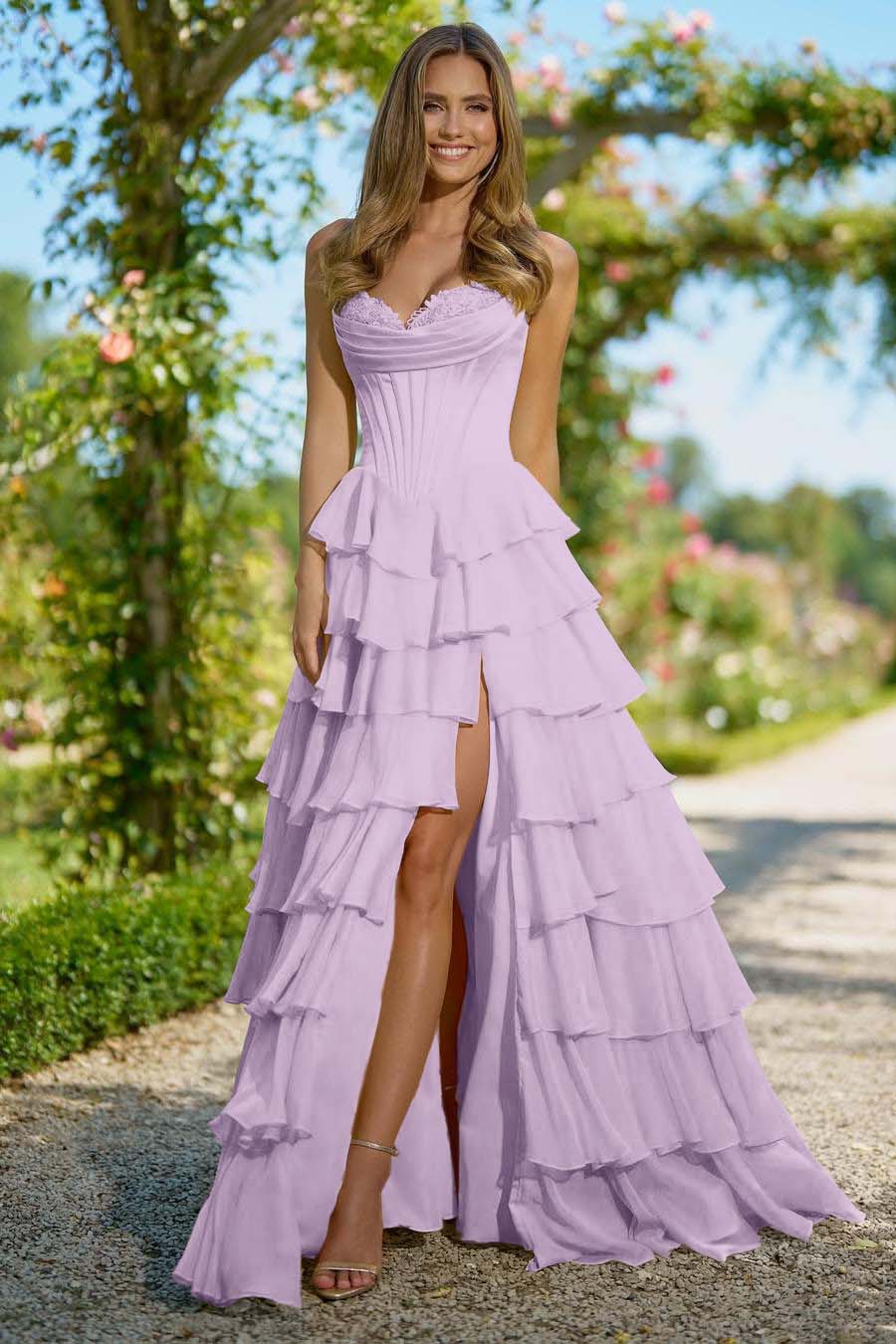 Elegant Daffodil Chiffon Strapless Sleeveless Applique Prom Dress with Ruffles