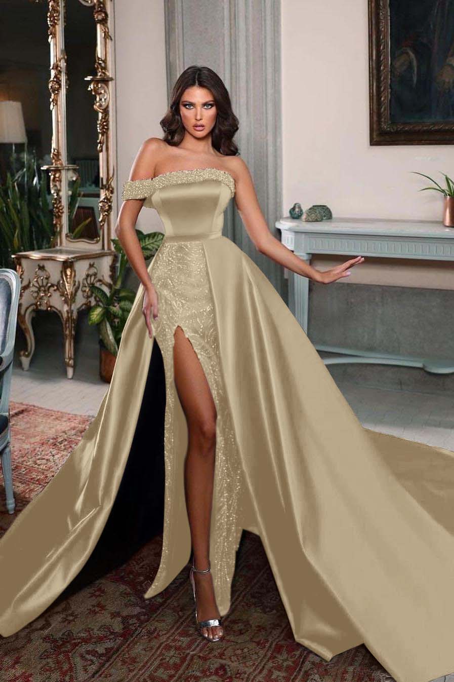 Charming Burgundy Satin One Shoulder Sleeveless Split Long Prom Dress with Beadings