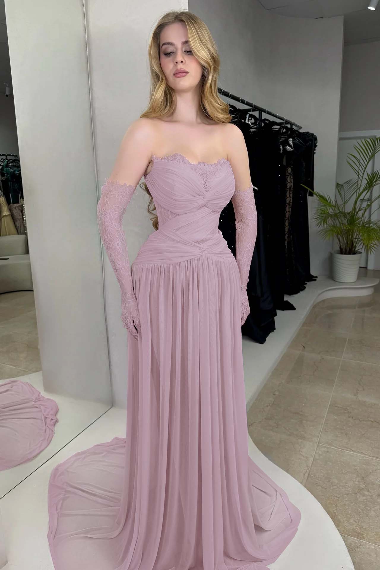 Lilac Strapless Fitted Evening Dress in Chiffon Pleated With Lace
