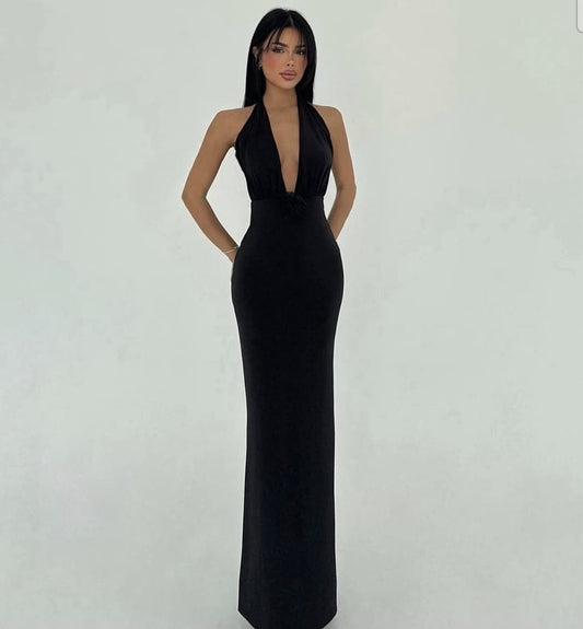 Sexy Black Halter Straps Sleeveless Deep V-Neck Mermaid Prom Dress