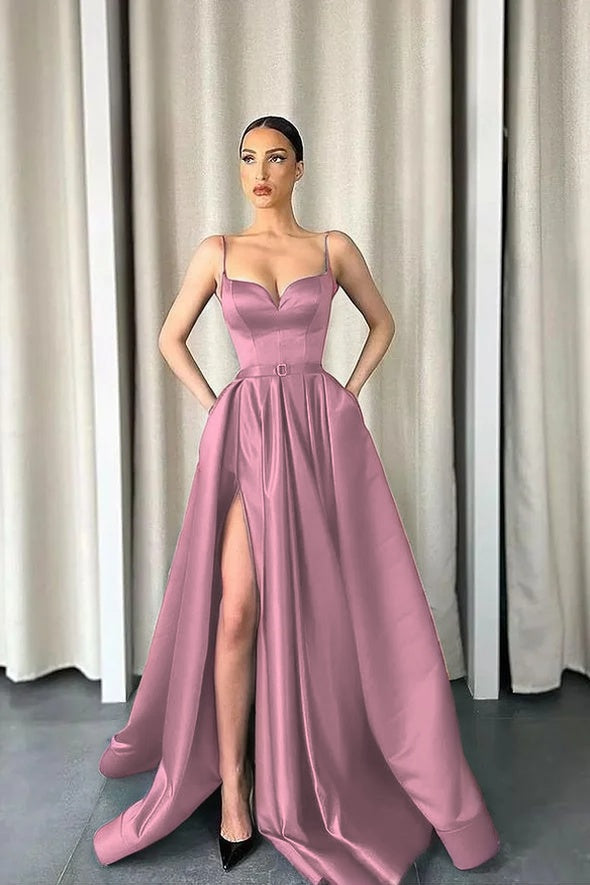 Dark Green Spaghetti-Straps A-Line V-Neck Long Prom Dress With Split