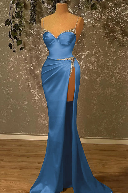 Spaghetti-Straps Beadings Burgundy Mermaid Prom Dress With Slit