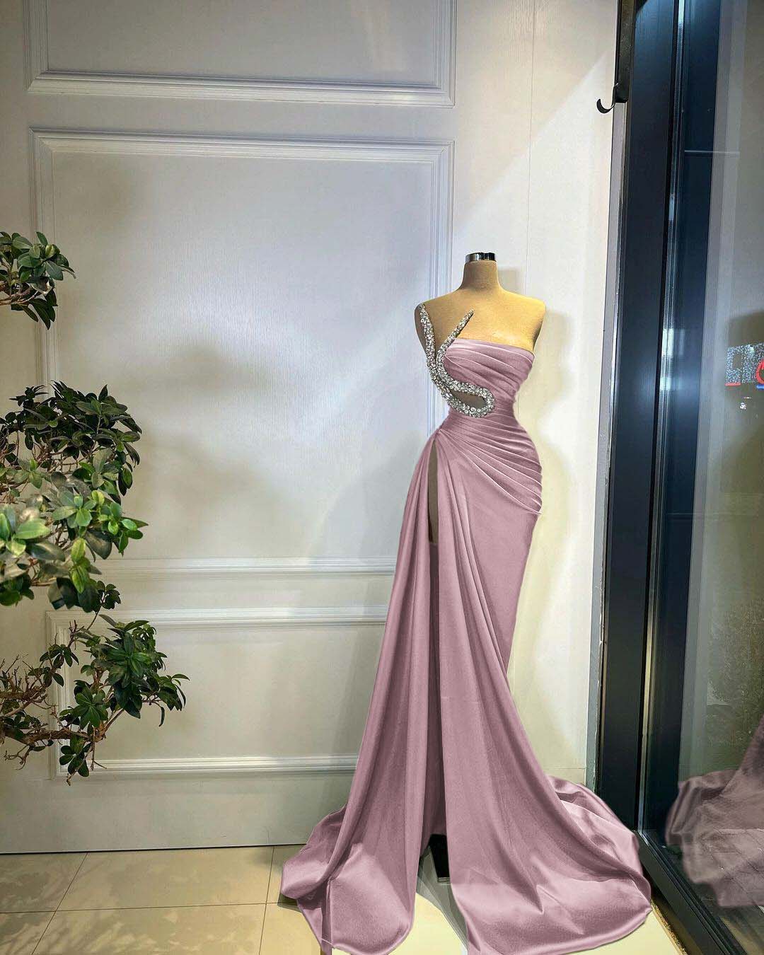 Green Strapless Pleated Long Beaded High Split Prom Dress