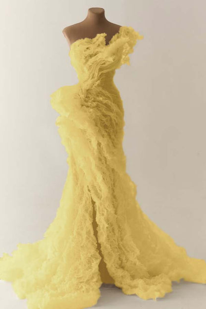Charming White One Shoulder Sleeveless Pleated Evening Dress with Split