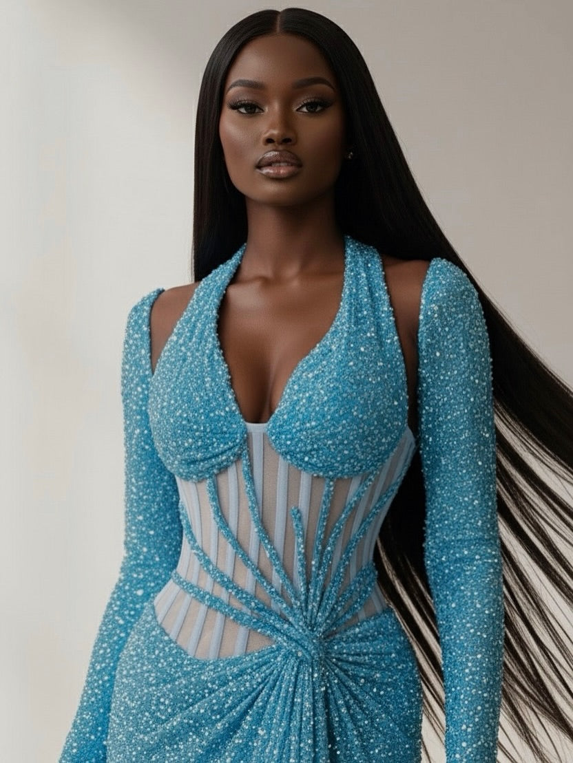 Chic Long Sleeves Halter Straps Mermaid V-Neck Long Prom Dress