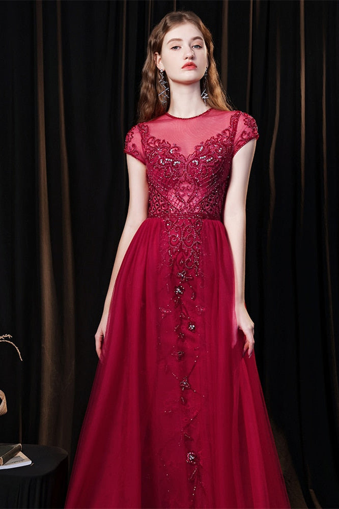 Burgundy Mermaid Evening Dress Tulle Overskirt With Short Sleeves Beadings Online