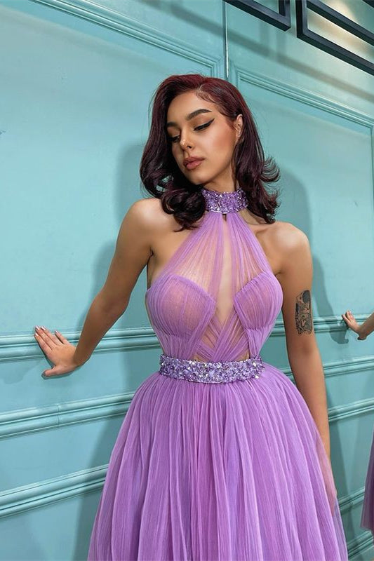 Tulle Lavender High Neck Short Prom Dress