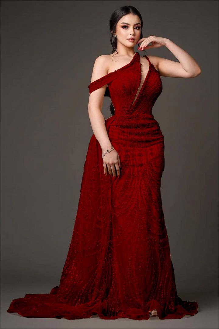 One-Shoulder Sleeveless Beaded Embroidery Mermaid Prom Dress