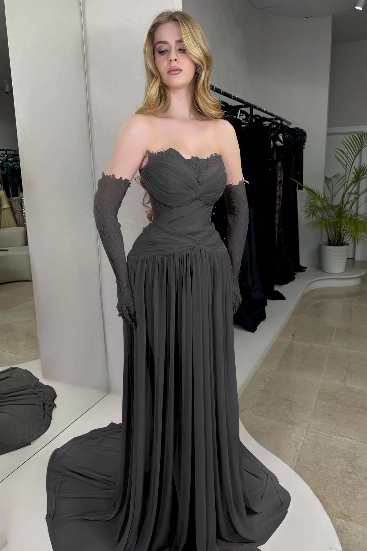 Lilac Strapless Fitted Evening Dress in Chiffon Pleated With Lace