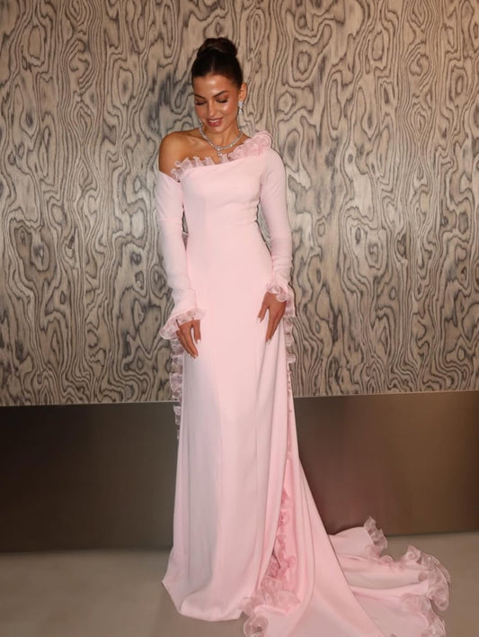 Pink Long Sleeves One Shoulder Mermaid Evening Dress With Ruffles