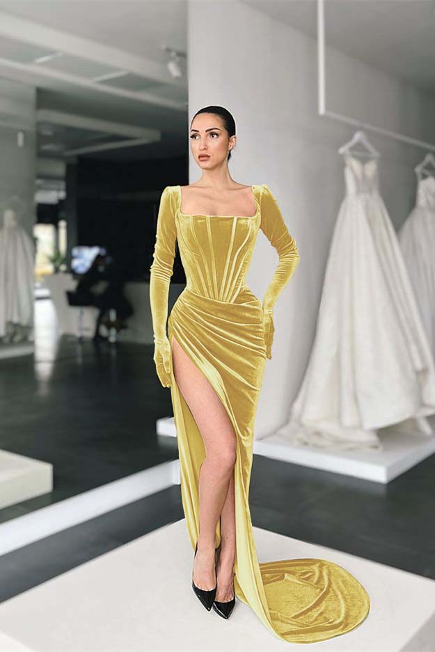 Square Long Sleeves Prom Dress With Slit