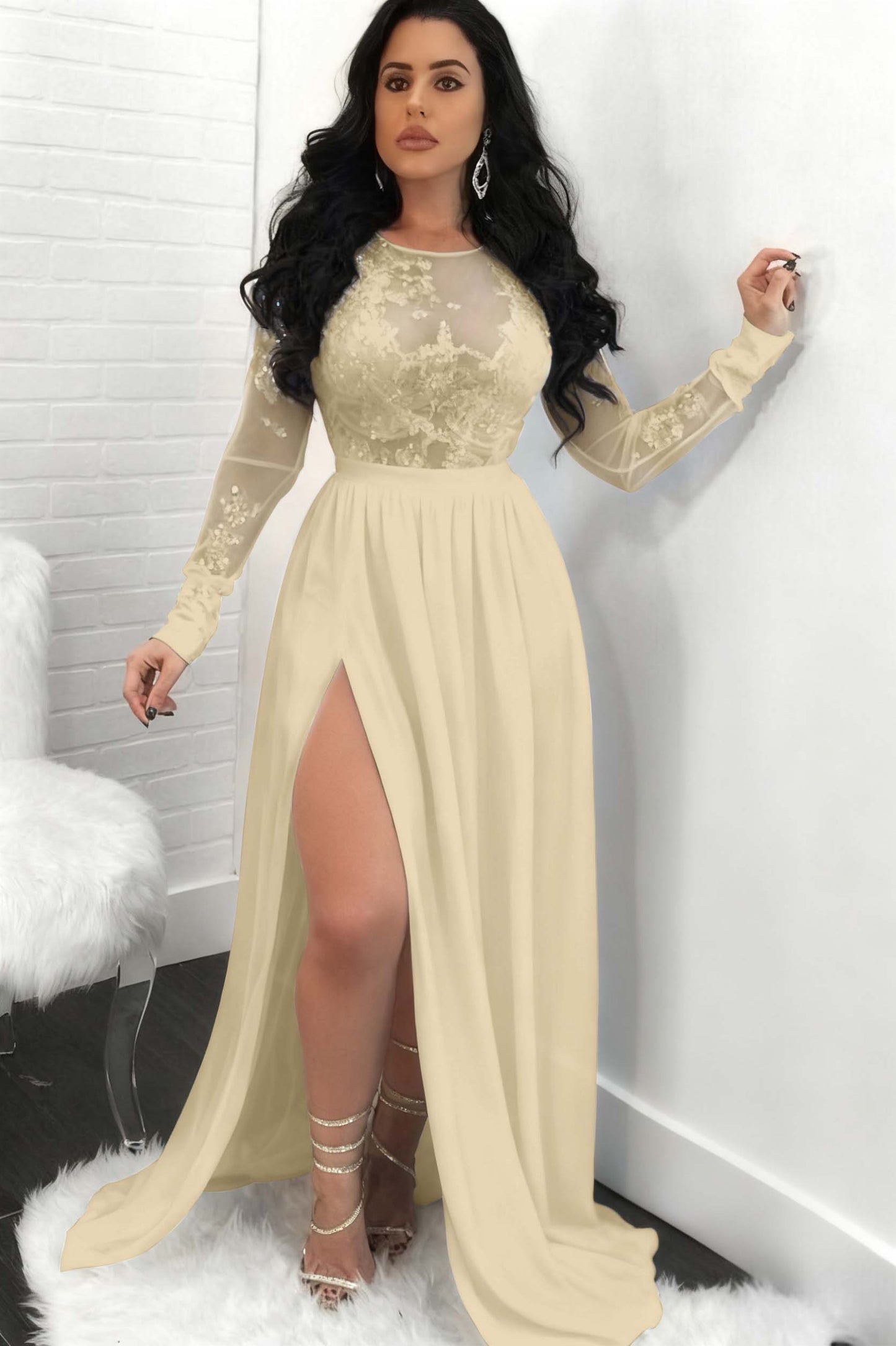 Sequins Long Sleeves Prom Dress Front Split