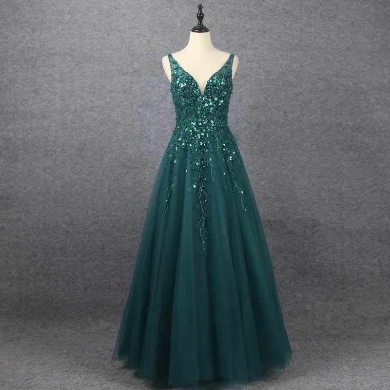 Emerald V Neck Floor Length Prom Dress A Line Sleeveless With Appliques