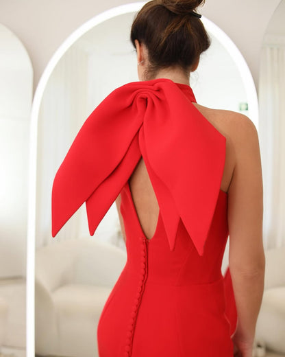 Gorgeous Red Satin Halter Mermaid Sleeveless Long Prom Dress with Bow