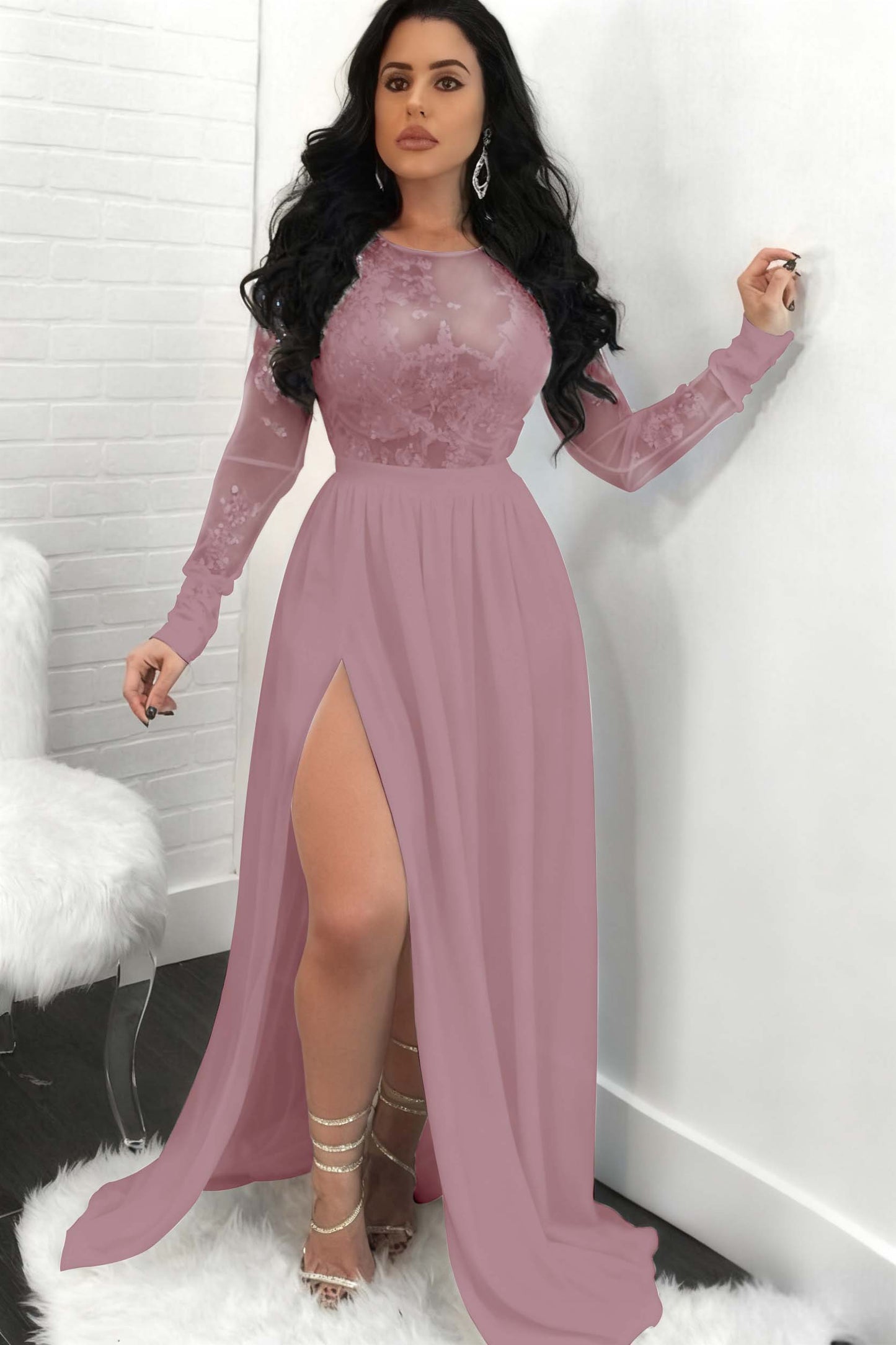 Sequins Long Sleeves Prom Dress Front Split