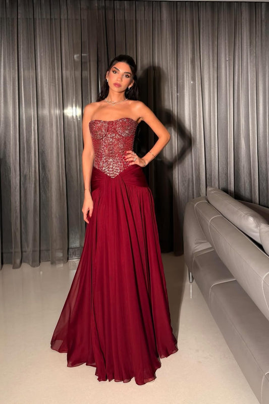 Sparkling Burgundy Strapless Sequins Sleeveless Prom Dress