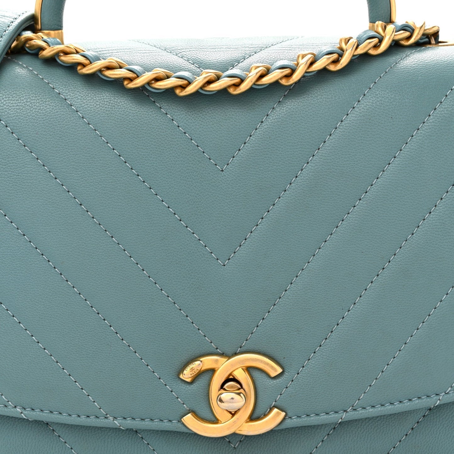 Lambskin Chevron Quilted Gold Top Handle Flap Bag Blue