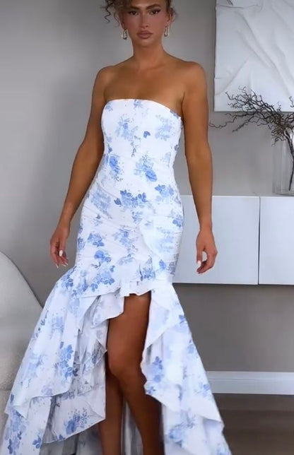 Cute Mermaid Strapless Blue Print Floral Ruffle Chiffon Prom Dress SH4573