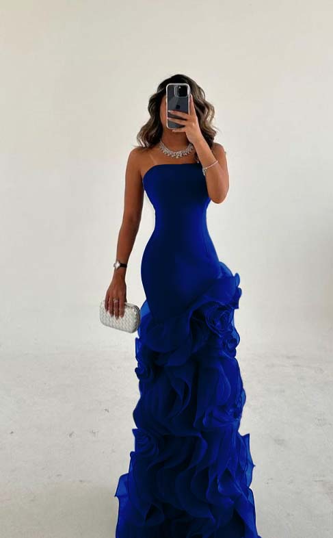 Amazing Dusty Blue Satin Sleeveless Strapless Long Prom Dress with Ruffles