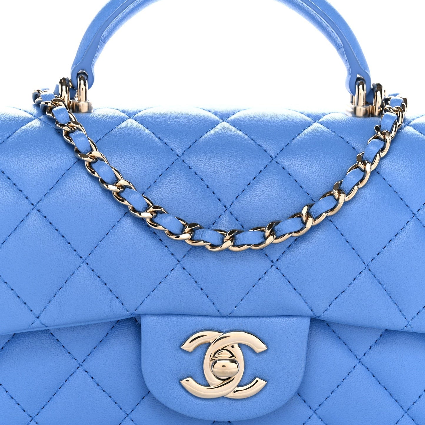 Lambskin Quilted Mini Top Handle Rectangular Flap Blue