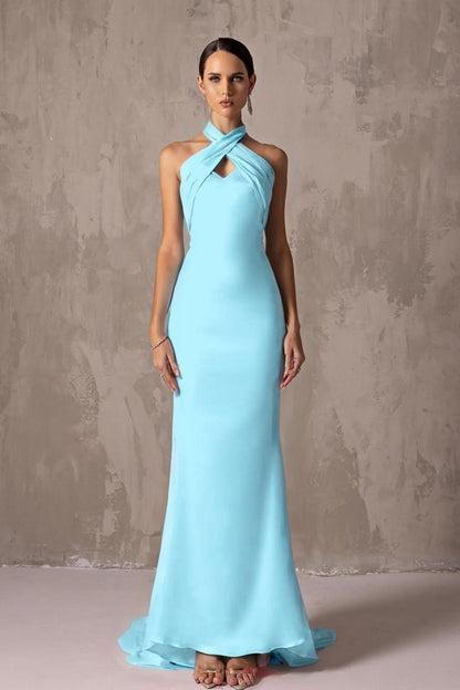 Elegant Blushing Pink Satin Halter Sleeveless Long Prom Dress with Pleated