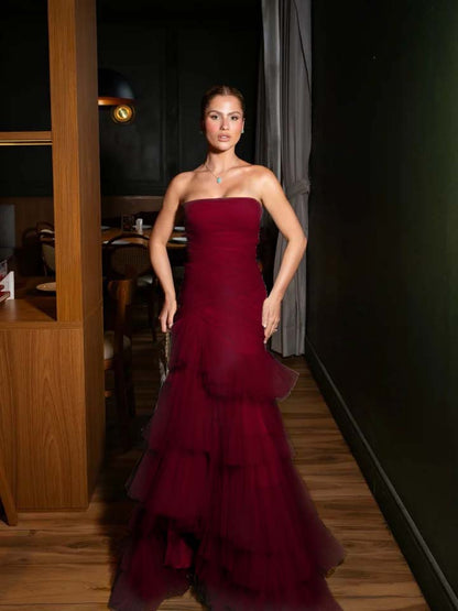 Stunning Straight Across Sleeveless Pleated Tulle Mermaid Evening Dress