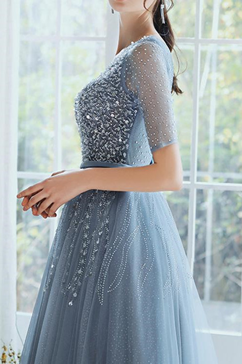 Dusty Blue Hale Sleeves Long Evening Dress Lace-Up With Sequins On Sale