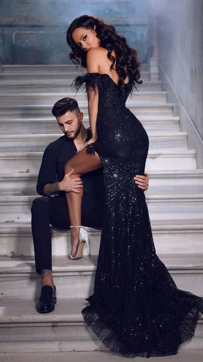 Shiny Off The Shoulder Slit Prom Dress Sequins With Feathers