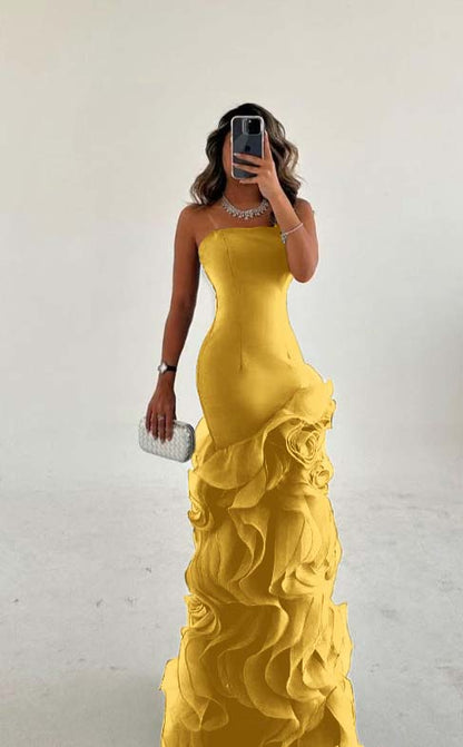Amazing Dusty Blue Satin Sleeveless Strapless Long Prom Dress with Ruffles