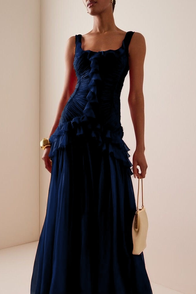 Elegant Ruffled Red Sleeveless Square Long Prom Dress With Pleated