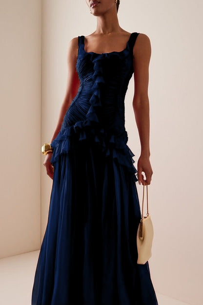 Elegant Ruffled Red Sleeveless Square Long Prom Dress With Pleated
