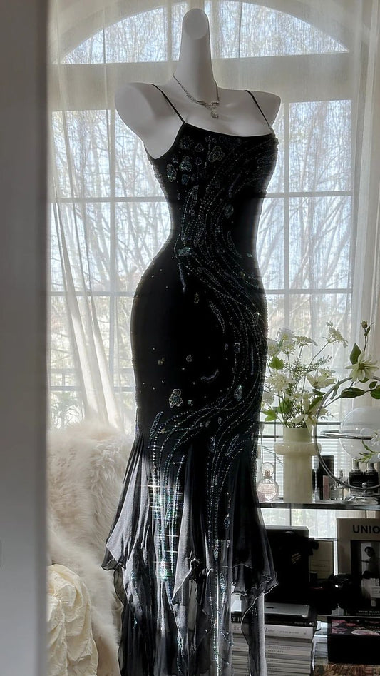 Charming Mermaid Spaghetti Strap Beaded Black Chiffon Prom Dress Evening Dress SH3364