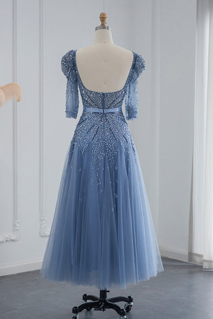 Blue Square Collar A Line Tulle Evening Dress Floor Length With Appliques