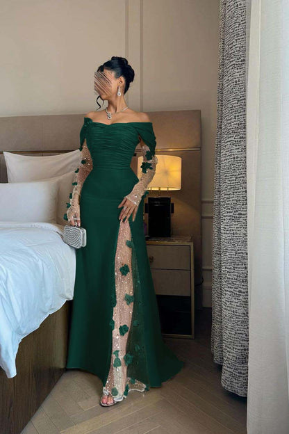Chic Daffodil Satin Long Sleeves Off the Shoulder Pleated Prom Dress with Sequins