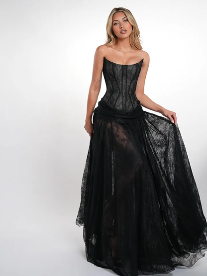 Elegant Black Strapless Evening Dress Sheath Floor Length With Lace