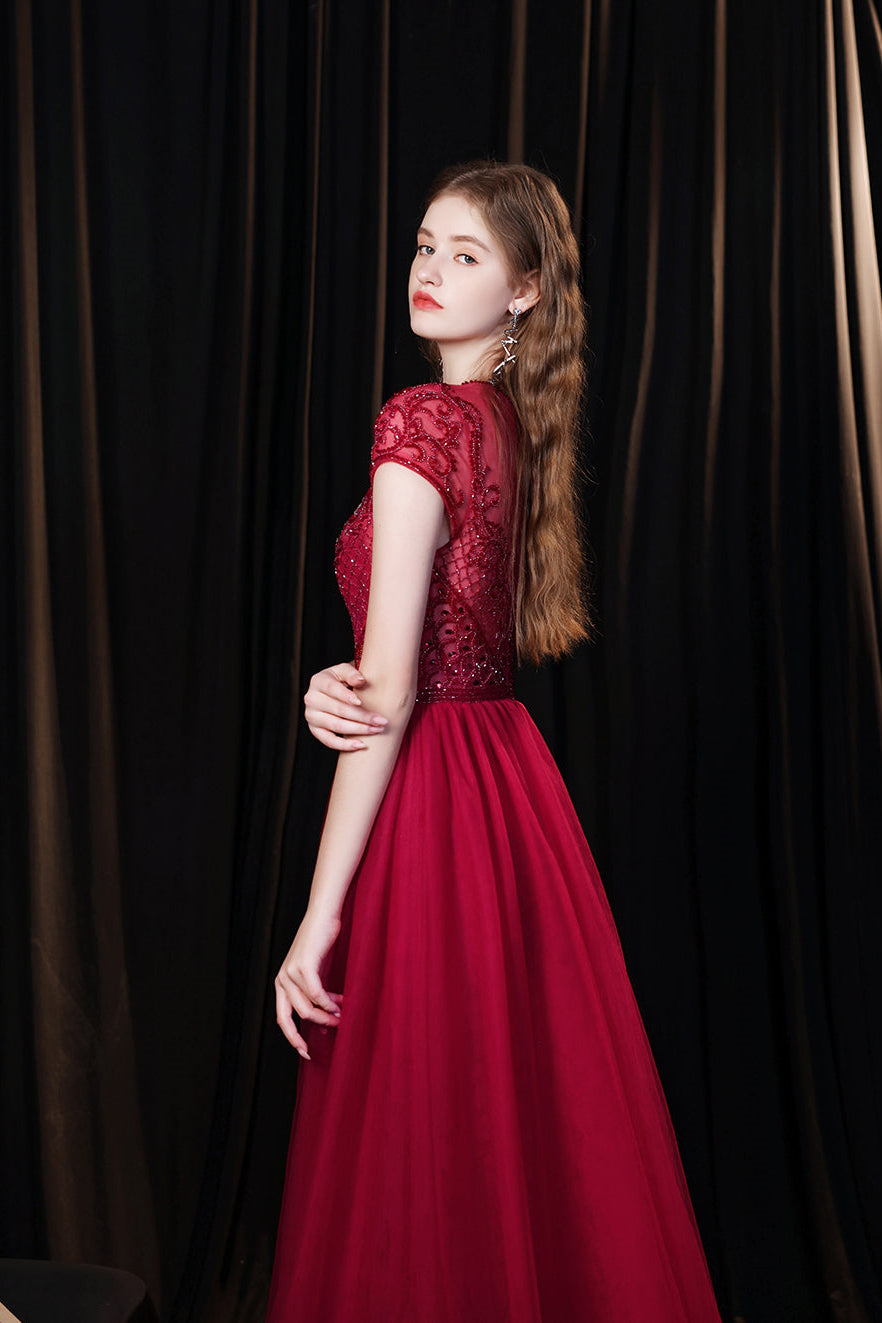 Burgundy Mermaid Evening Dress Tulle Overskirt With Short Sleeves Beadings Online