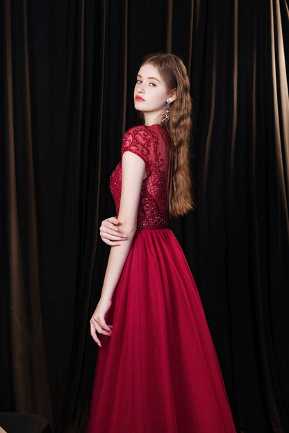 Burgundy Mermaid Evening Dress Tulle Overskirt With Short Sleeves Beadings Online