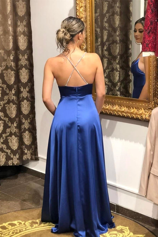 Long Royal Blue Slit Prom Dress Spaghetti-Straps