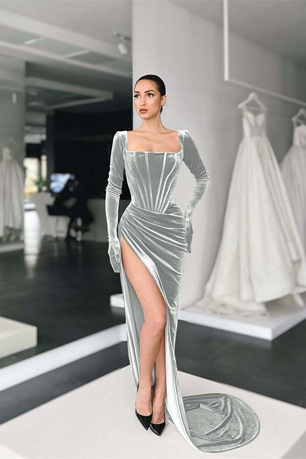 Square Long Sleeves Prom Dress With Slit