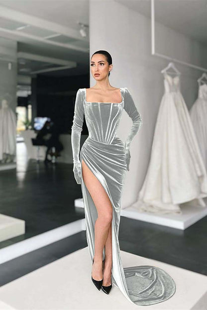 Square Long Sleeves Prom Dress With Slit